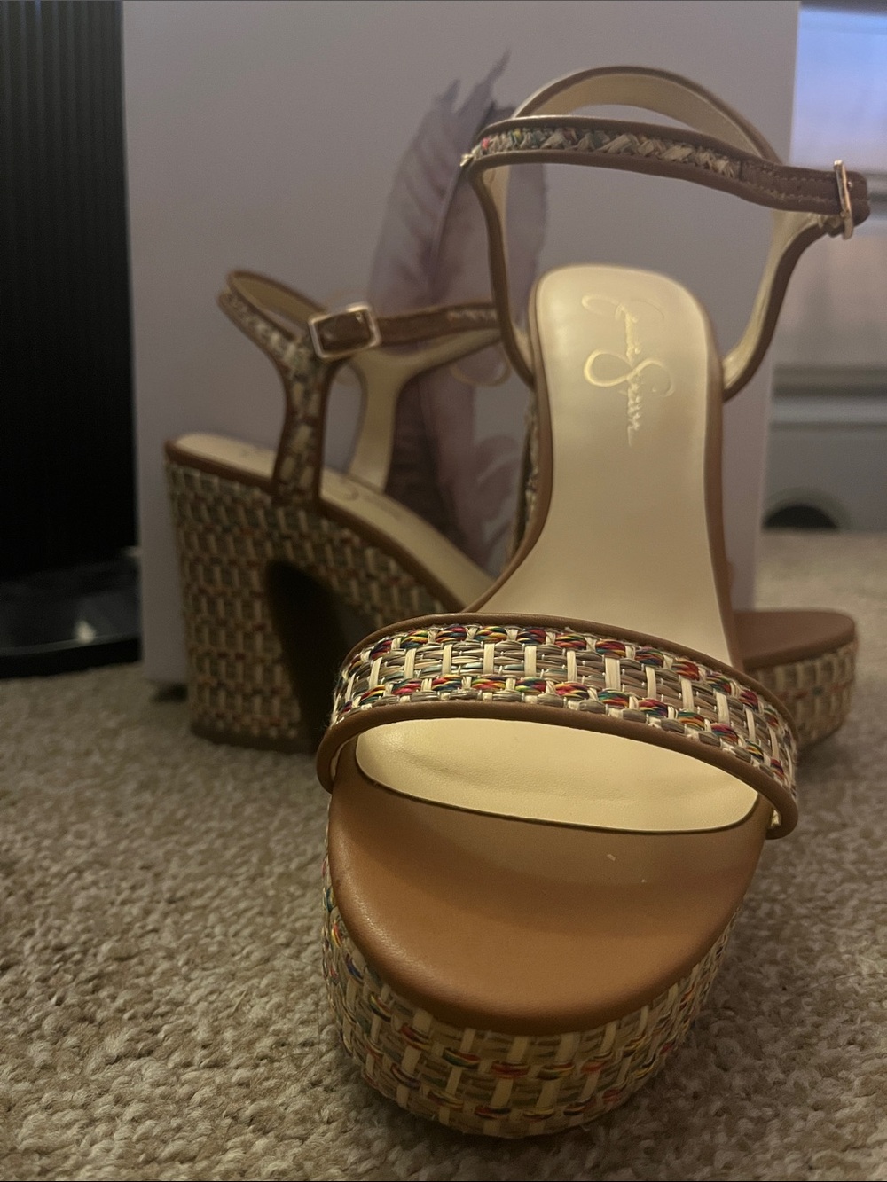 Jessica Simpson Tan Woven Platform Sandal with Multicolor Accents